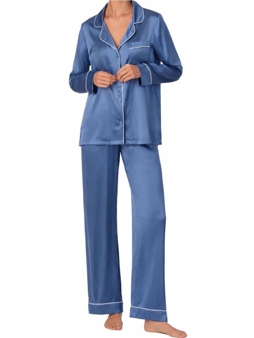 BedHead Silk Pajama Set Medium Blue Washable Silk Long Sleeve Luxury Sleepwear